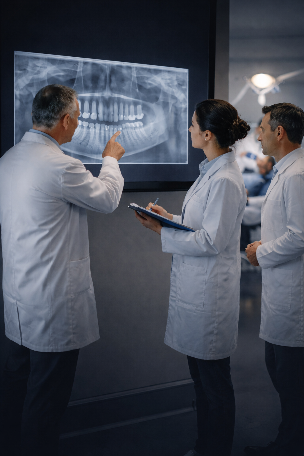 Equipe do Instituto Opera analisando exame radiográfico e discutindo conduta clínica